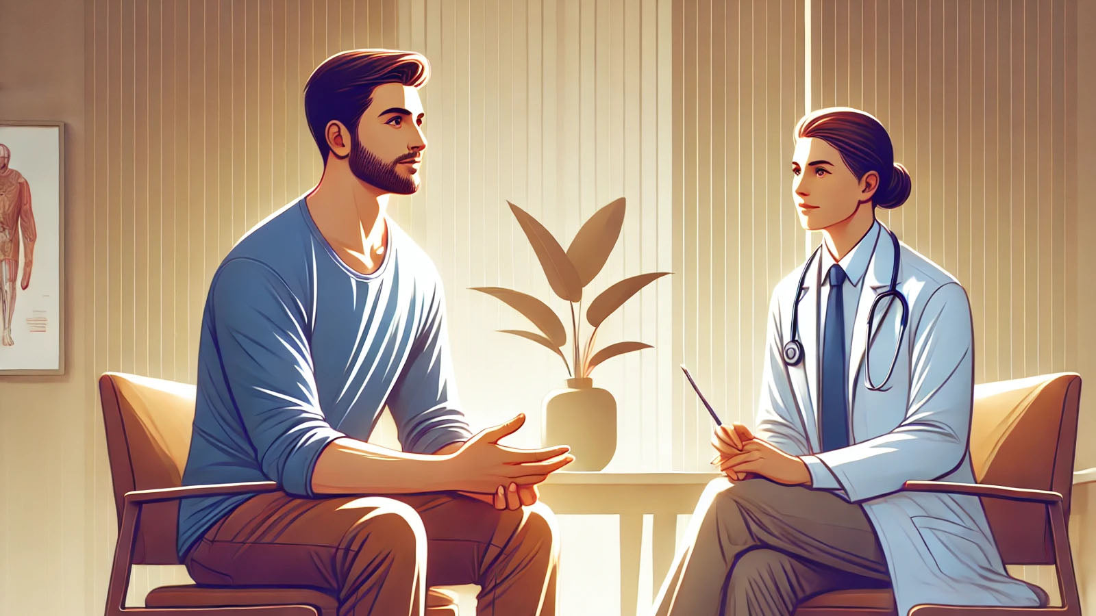An illustration of a man in conversation with a doctor in a white coat, seated facing each other in a consulting room.