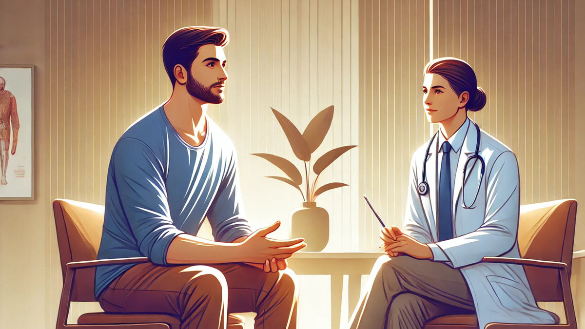 An illustration of a man in conversation with a doctor in a white coat, seated facing each other in a consulting room.