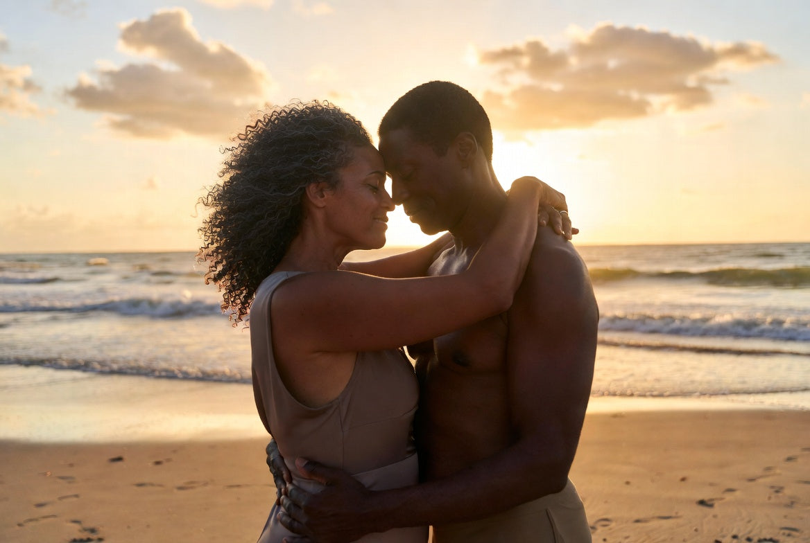 A couple embracing on a beach at sunset, foreheads touching, with waves breaking behind them.