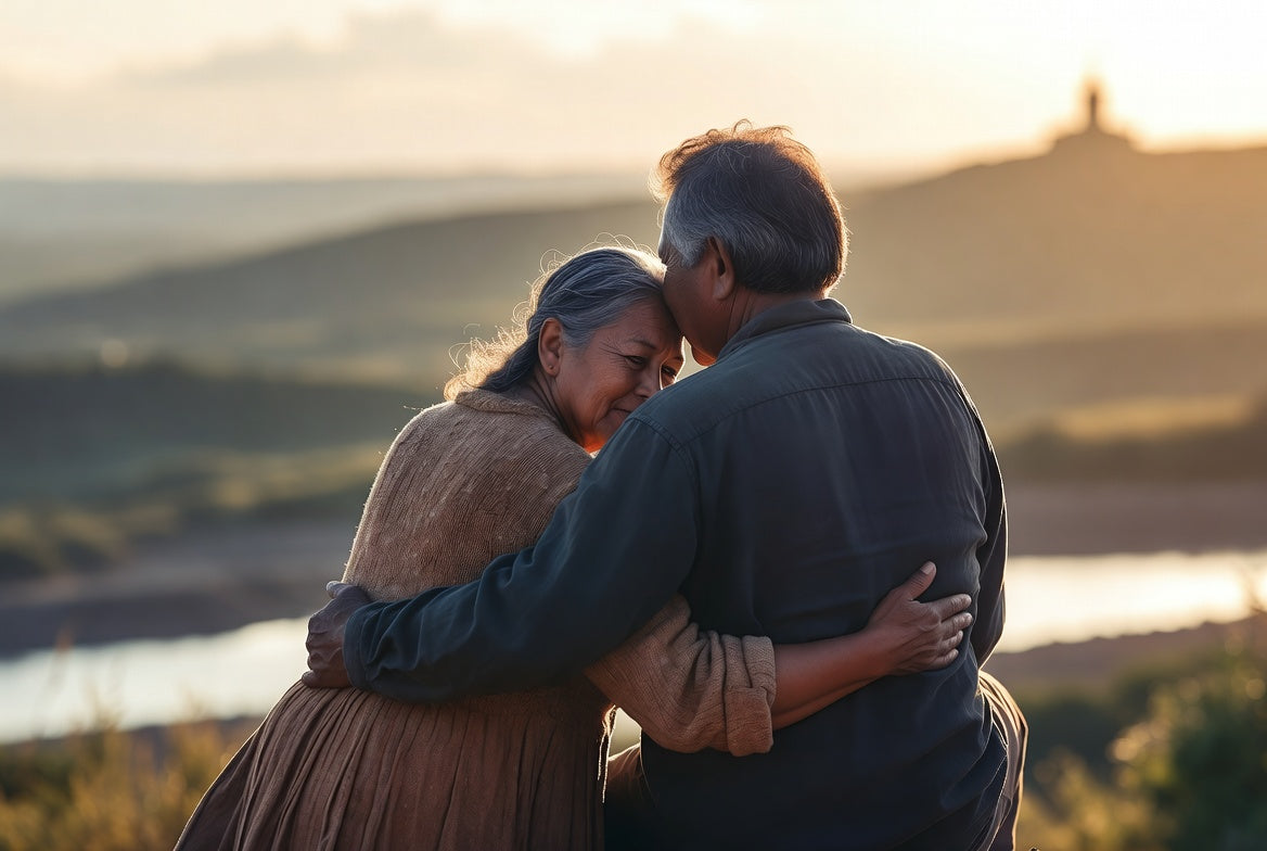 An older couple seen from behind, embracing on a hilltop overlooking a valley at sunset.