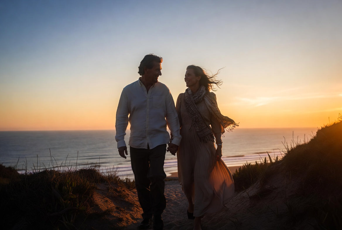 A couple walking hand in hand along a clifftop path above the sea at sunset.