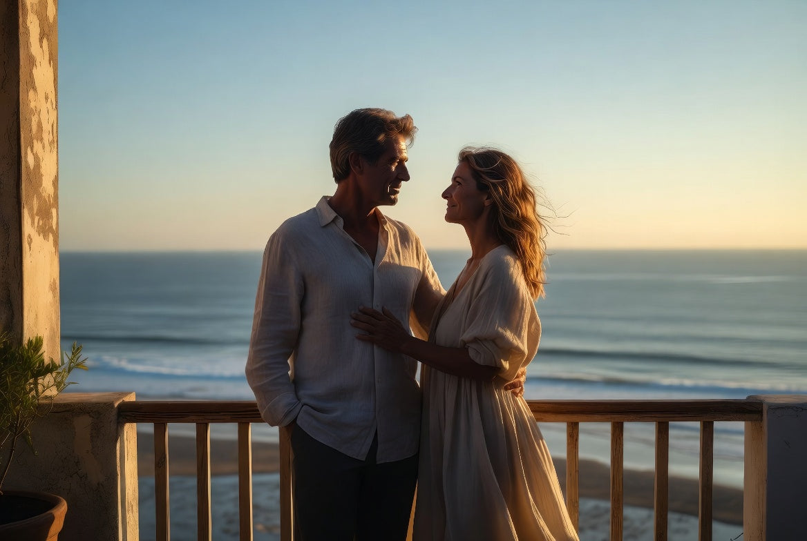 A middle-aged couple standing together on a balcony at sunset, facing each other, with the ocean behind them.