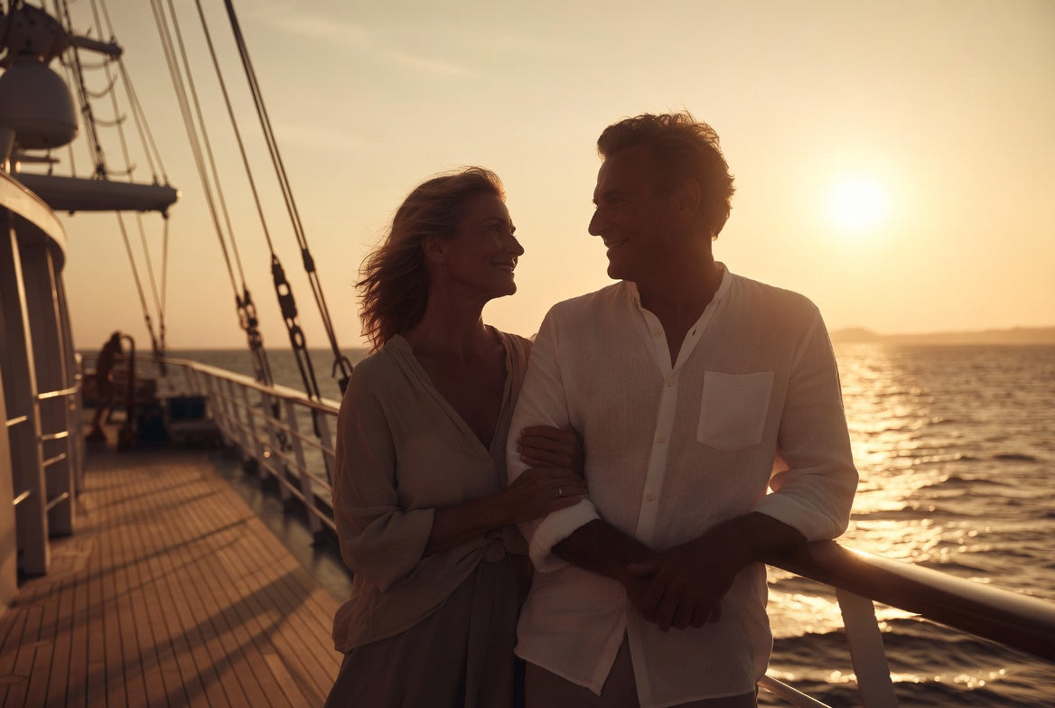 A middle-aged couple standing arm in arm on a ship's deck at sunset, looking at each other.