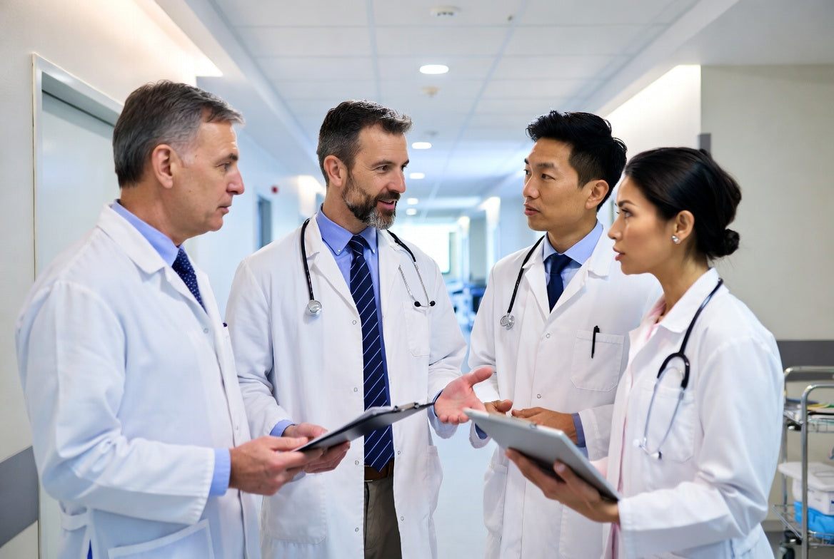 Four doctors in white coats with stethoscopes and clipboards conferring in a hospital corridor.