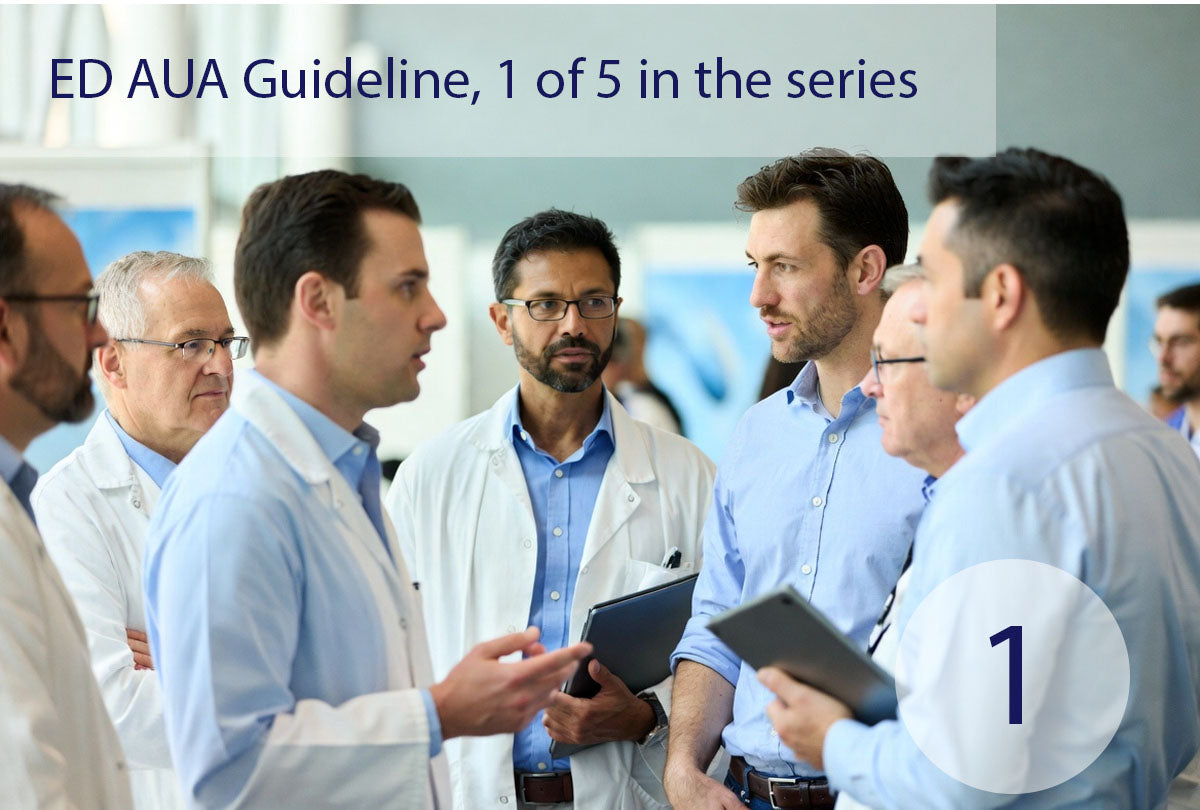 A group of clinicians in white coats and shirtsleeves in discussion. Overlaid text reads: ED AUA Guideline, 1 of 5 in the series.