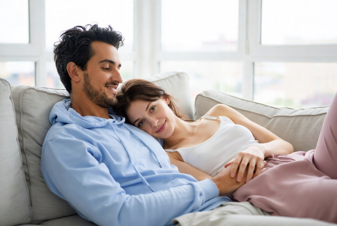 A couple reclining together on a sofa in a bright room, the woman resting against the man's shoulder.