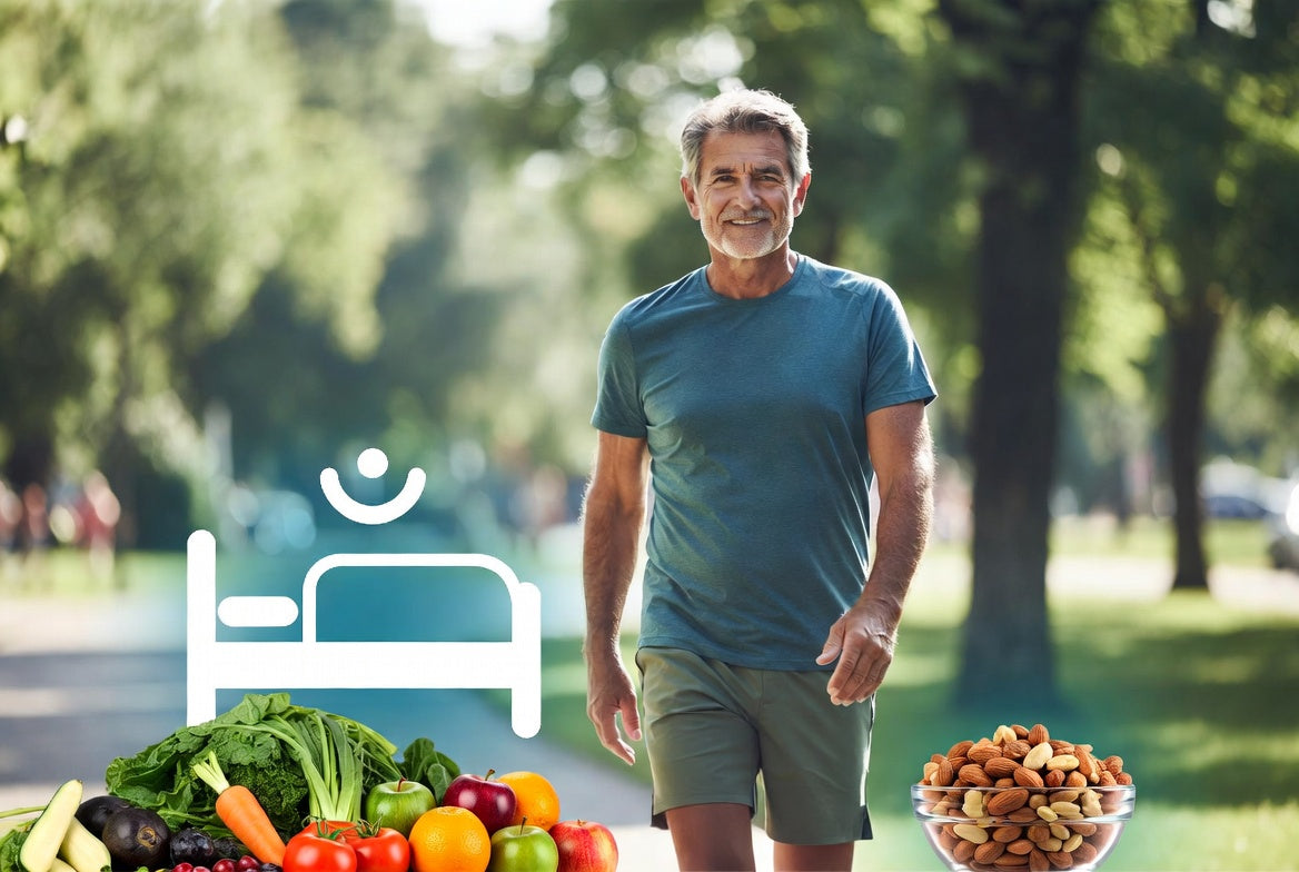 A man in his sixties walking through a park in sportswear, with fresh vegetables, a bowl of almonds and a sleep icon in the foreground.