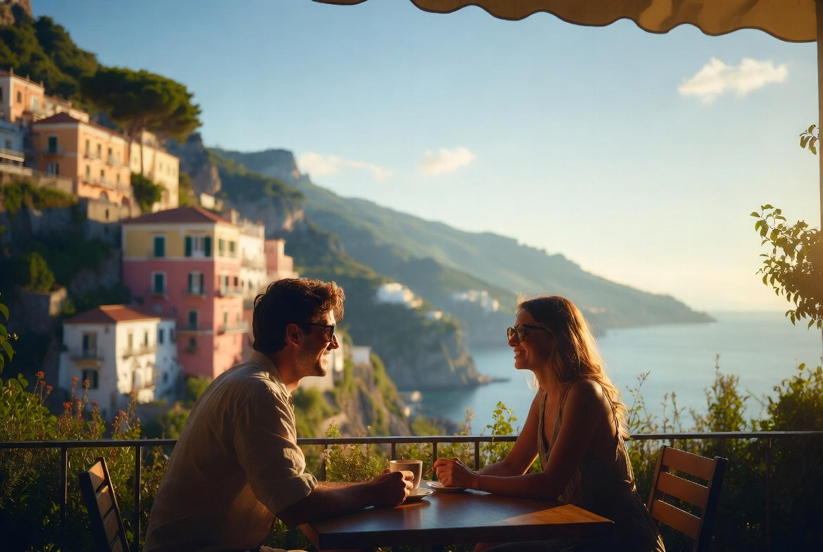 A couple sitting at a table on a shaded terrace overlooking a coastal town and the sea.