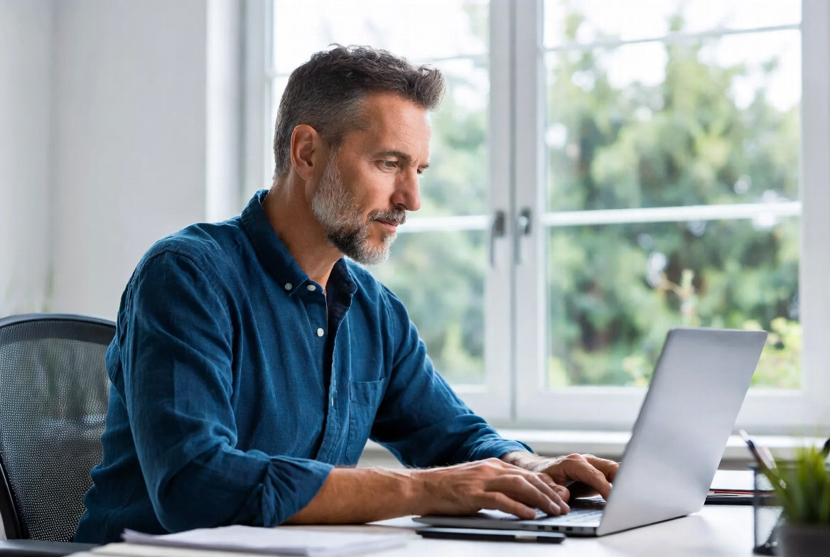 A man with grey hair and a beard working at a laptop by a bright window.