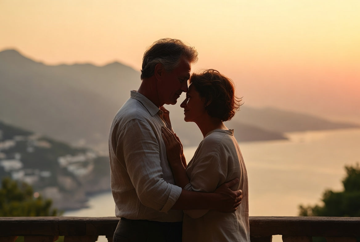 An older couple embracing on a terrace at sunset, foreheads touching, with a coastline and sea behind them.