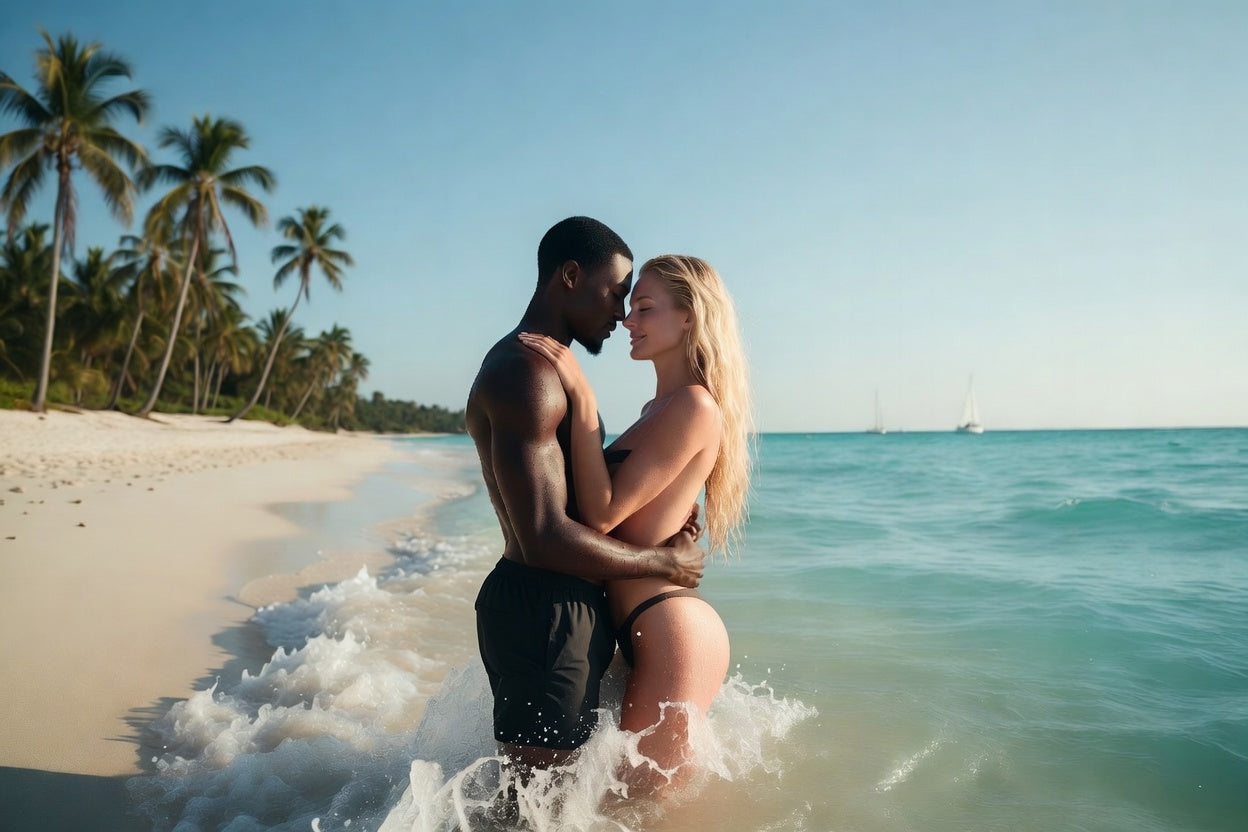 A couple embracing in shallow surf on a tropical beach, with palm trees and moored sailboats behind them.