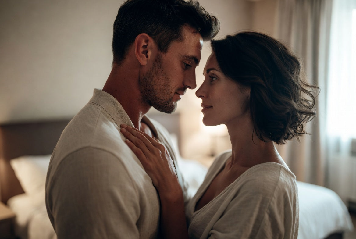 A couple standing close together in a bedroom, foreheads almost touching, her hand resting on his chest.
