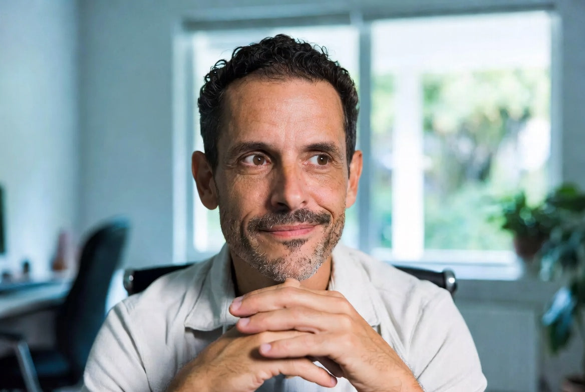 A man in his forties resting his chin on his hands at a desk, looking directly at the camera.