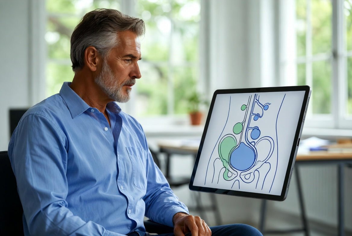 A man in his fifties looking at a tablet screen showing a simplified anatomical diagram of the pelvis and penile blood vessels.