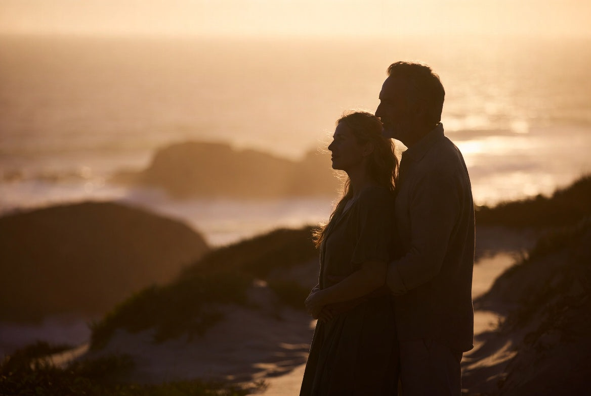 A couple standing close together, silhouetted against the sea at sunset on a coastal dune.