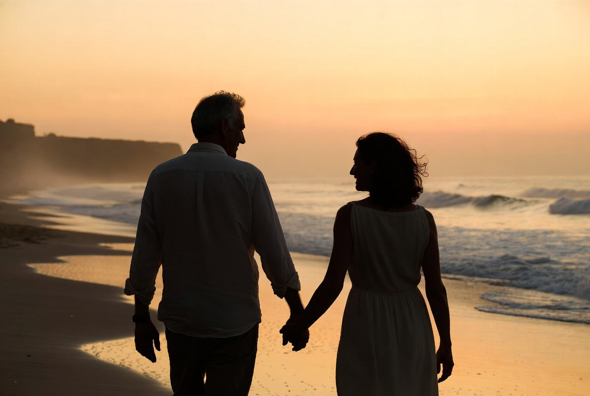 A couple walking hand in hand along a beach at sunset, silhouetted against the surf.