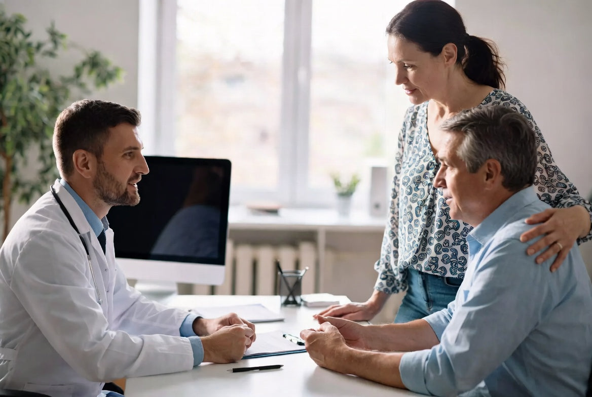 A doctor in a white coat at a desk in consultation with an older man and a woman standing beside him.
