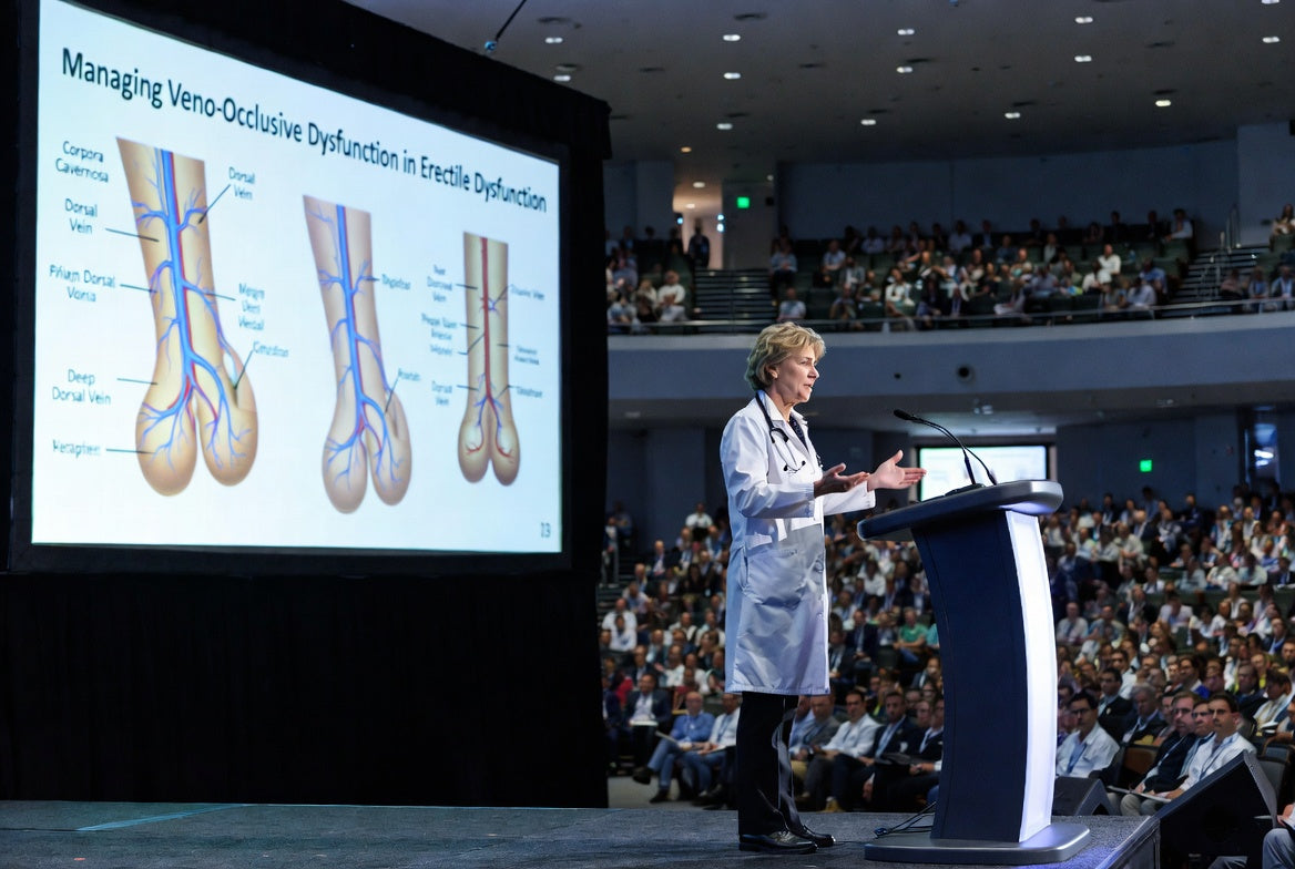 A clinician presenting to a large conference audience beside a slide titled "Managing Veno-Occlusive Dysfunction in Erectile Dysfunction", showing labelled diagrams of the penile veins.
