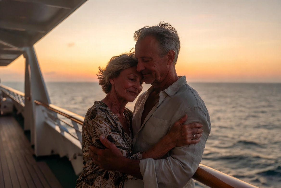 An older couple embracing on a ship's deck at sunset, her head resting against his cheek.