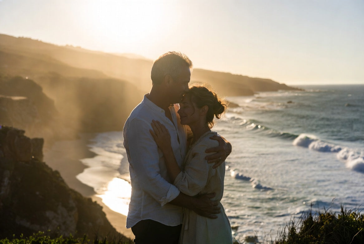 A couple embracing on a clifftop above a beach at sunset, backlit by low sun over the sea.