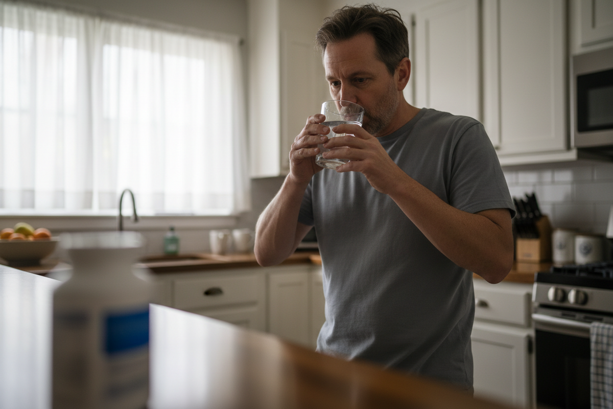 A man in his forties standing at a kitchen counter with a glass of water in morning light.