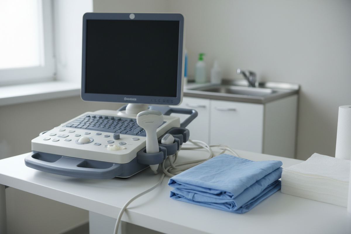 An ultrasound machine and transducer on a counter in an examination room.