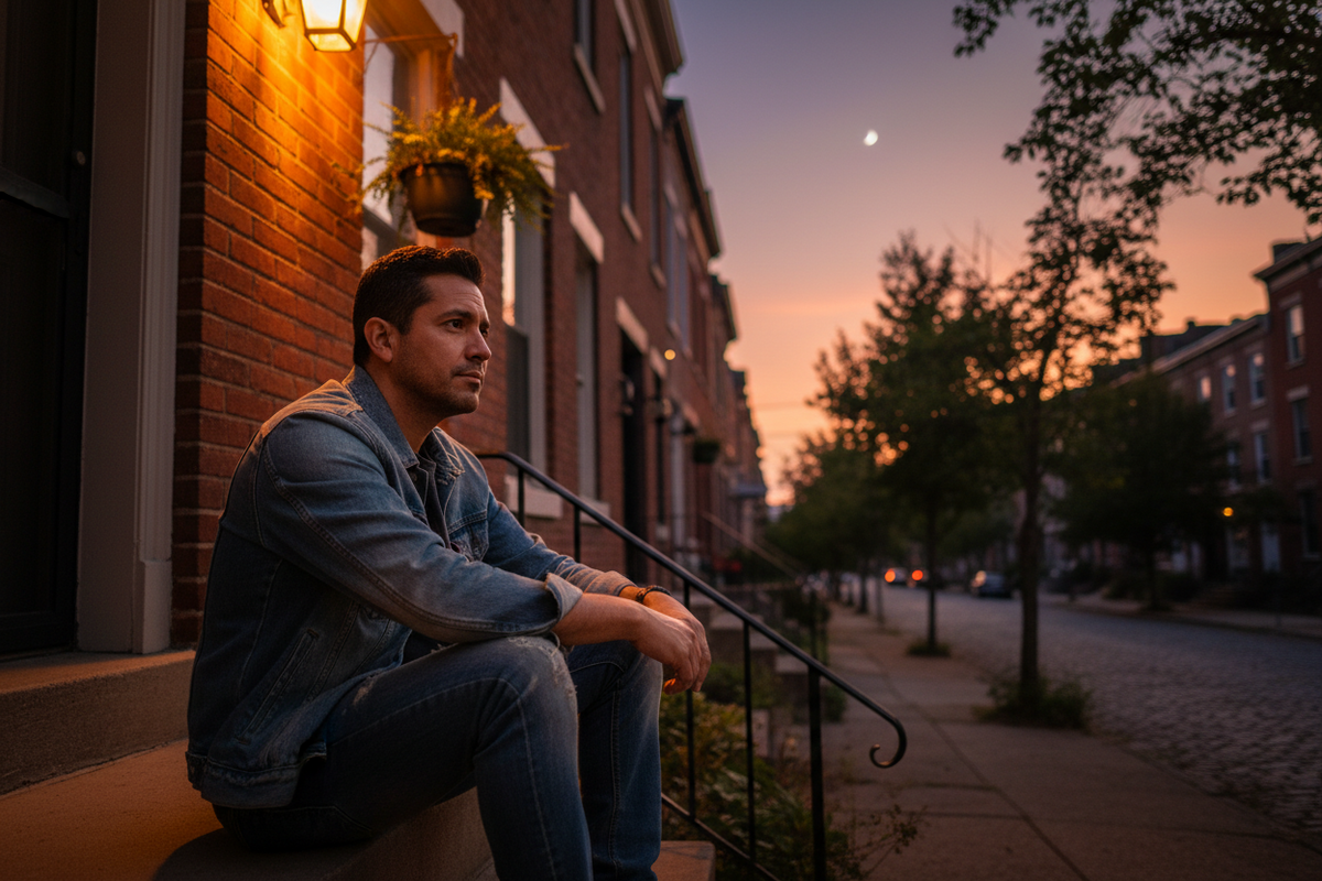 Middle aged man sitting on doorstep in the evening light