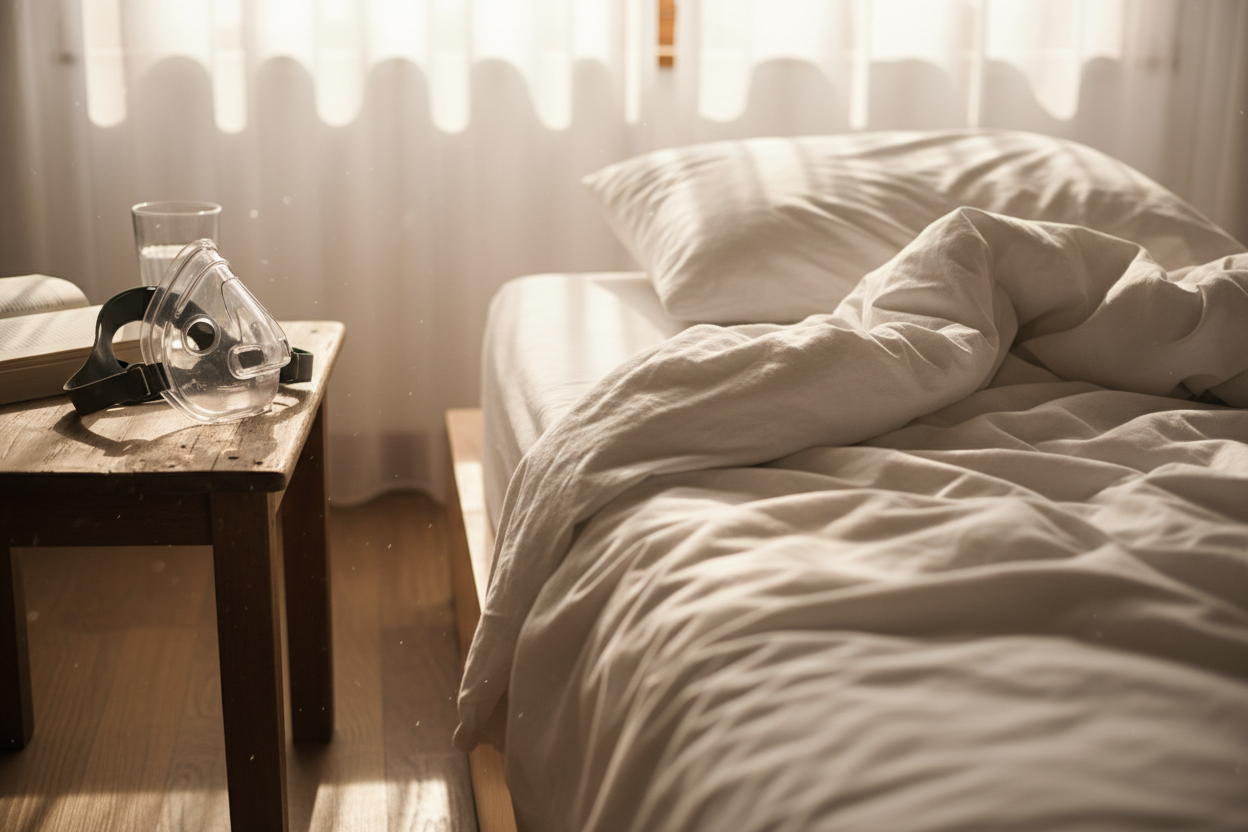 A CPAP mask on a bedside table beside an unmade bed in early morning light.