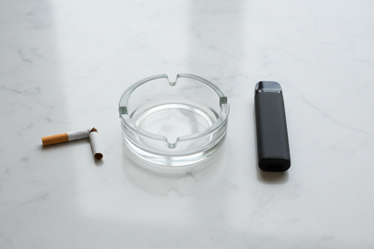 An empty ashtray beside a broken cigarette and a switched-off vaping device.