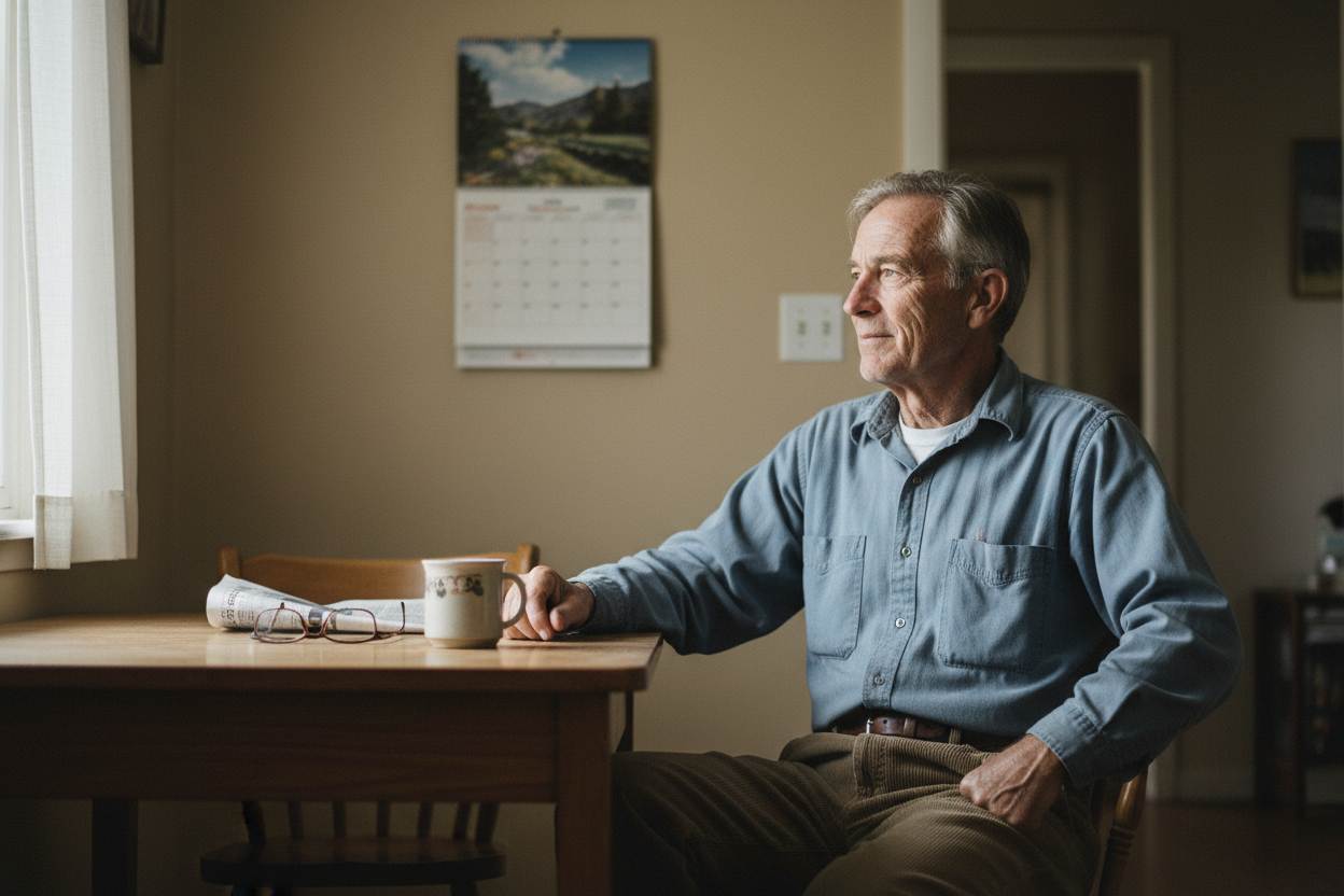 A man in his sixties sitting at a kitchen table in morning light, a wall calendar on the wall behind him.