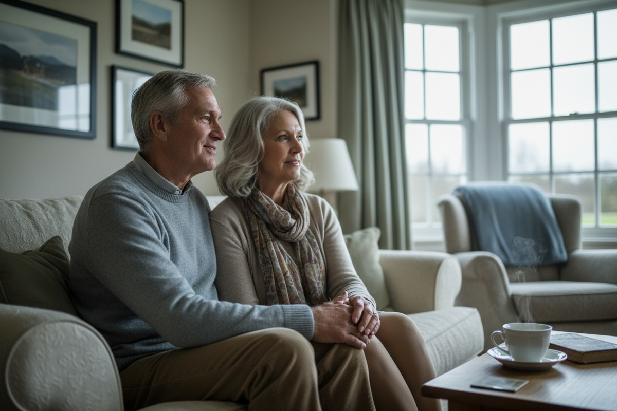 A man in his late sixties and his wife sitting together on a sofa in afternoon light.
