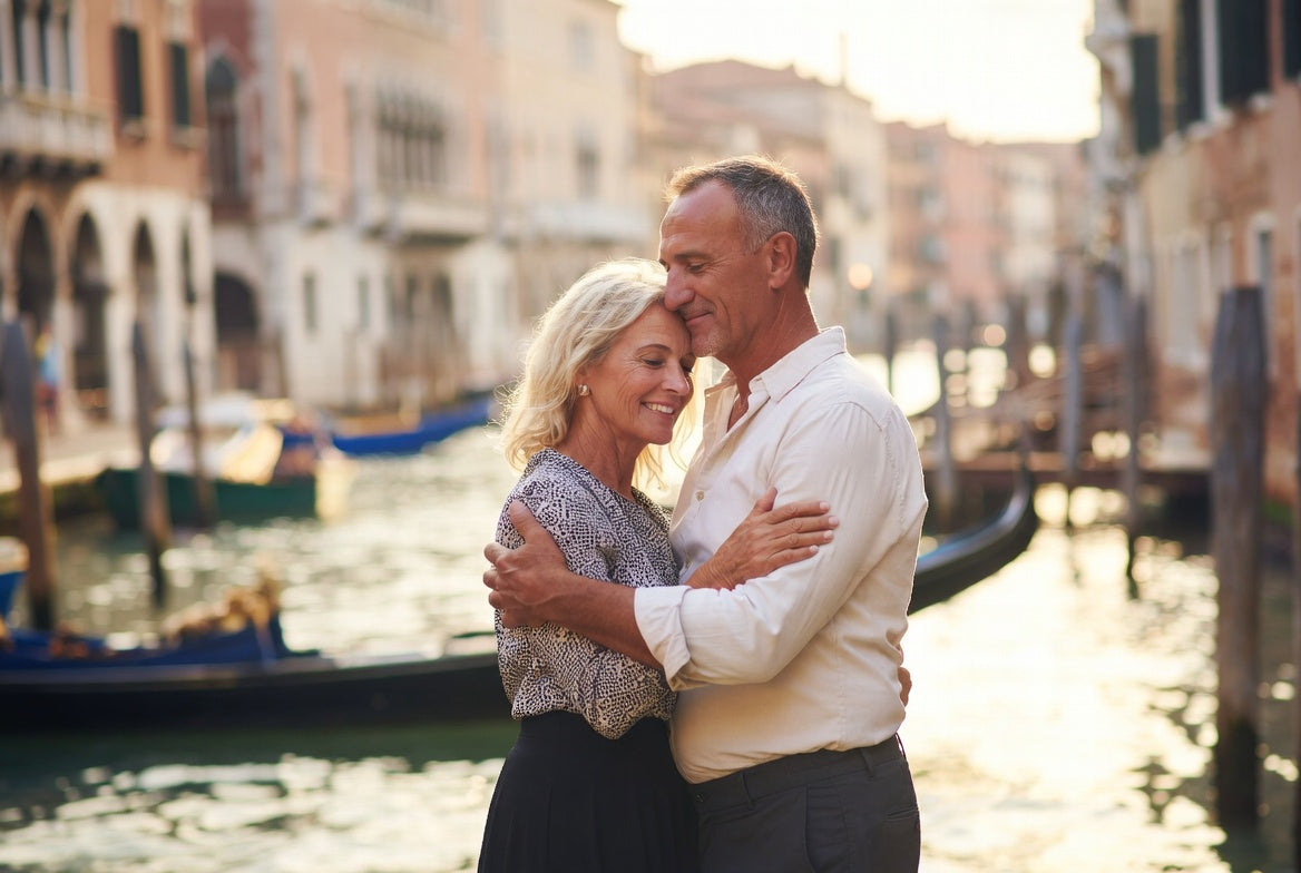 A middle-aged couple embracing beside a canal in Venice, gondolas moored behind them.