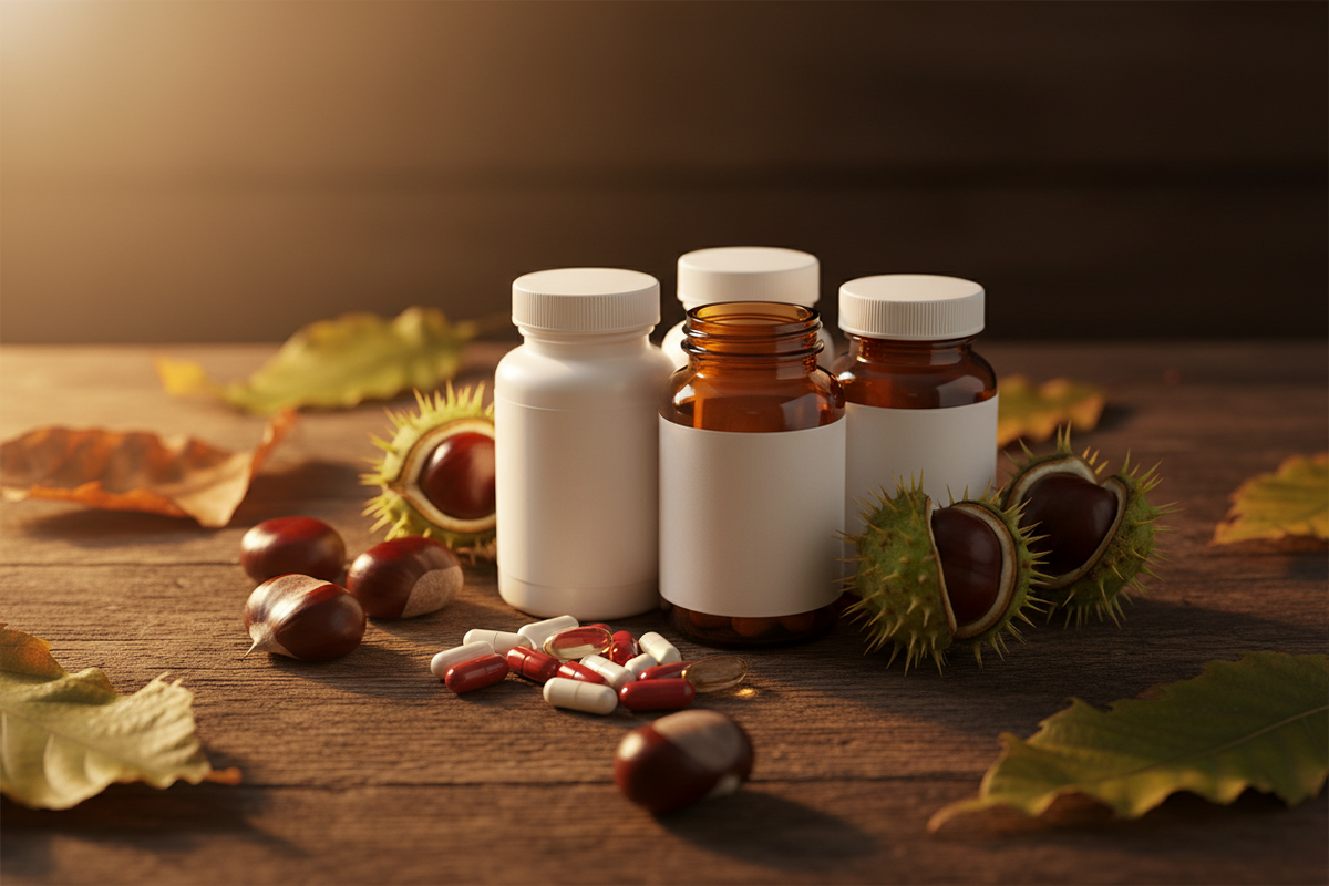 Supplement bottles and capsules on a wooden table beside a scattering of horse chestnuts and their husks.