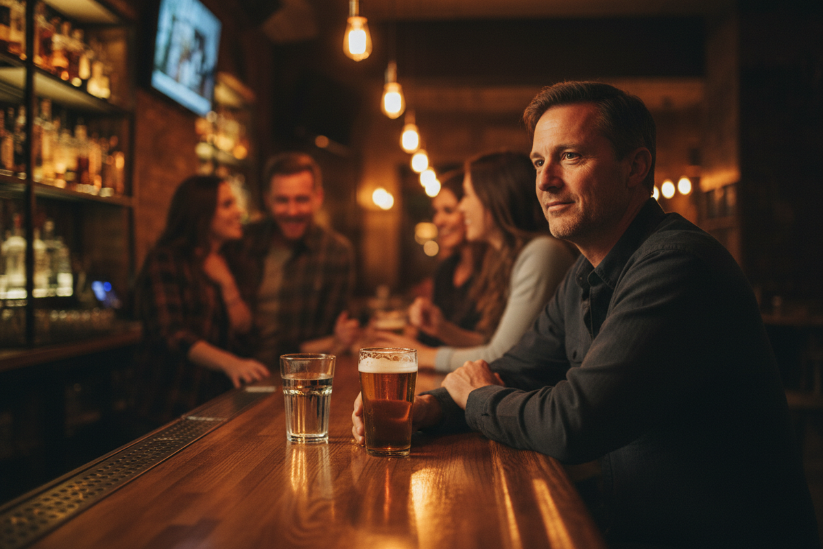 A man in his forties sitting at a neighbourhood bar in the evening with a glass of beer and a glass of water in front of him.