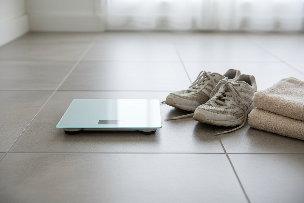 Bathroom scales on a tiled floor beside running shoes and a folded towel.