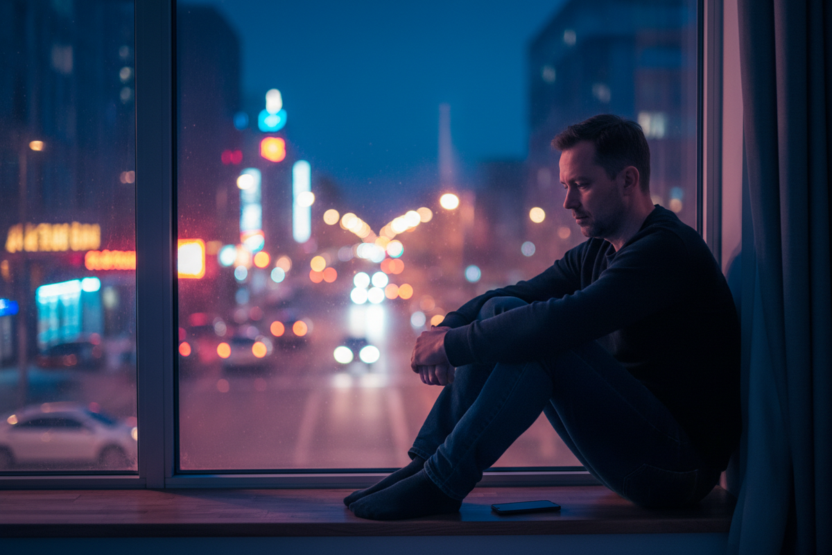 A man in his thirties sitting on an apartment windowsill at night, looking out at the city with his phone face down beside him.