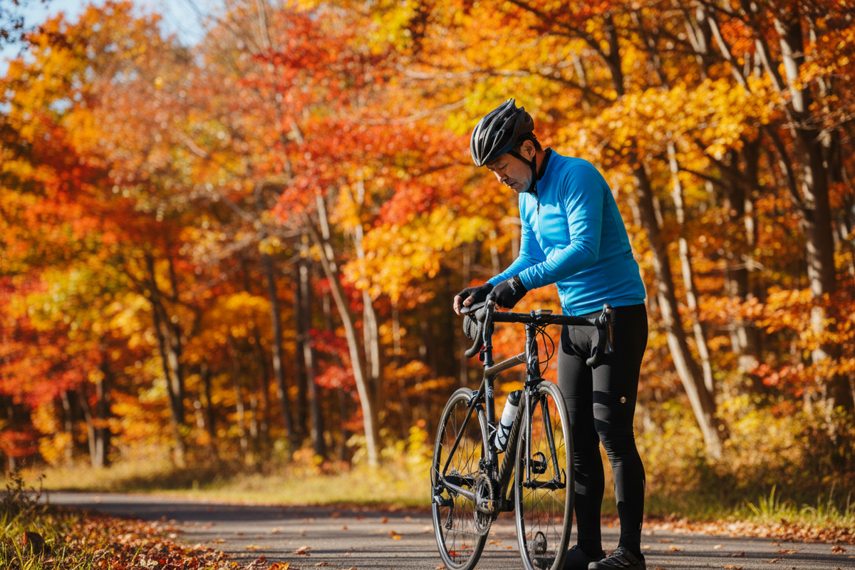 A cyclist in his forties adjusting his bike saddle at the side of a country road lined with autumn trees.