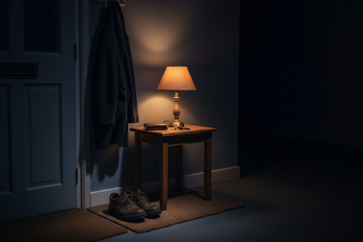 A lamp-lit hallway at night with a coat on a hook by the front door and car keys on a side table.