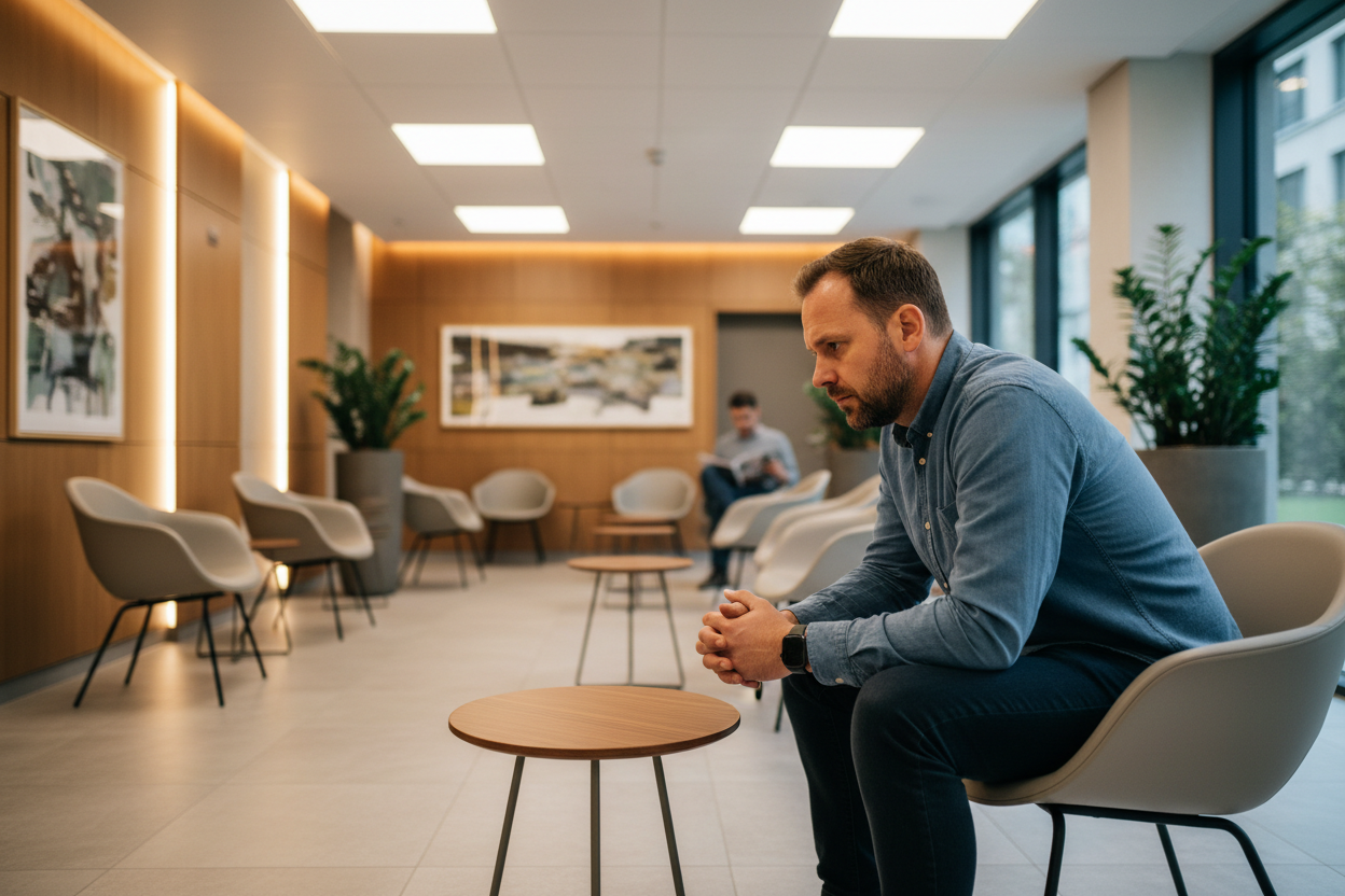 A man in his thirties sitting thoughtfully in a waiting room.