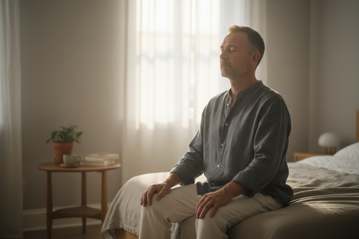 A man in his fifties sitting upright on the edge of a bed, hands resting on his knees, eyes closed in concentration.
