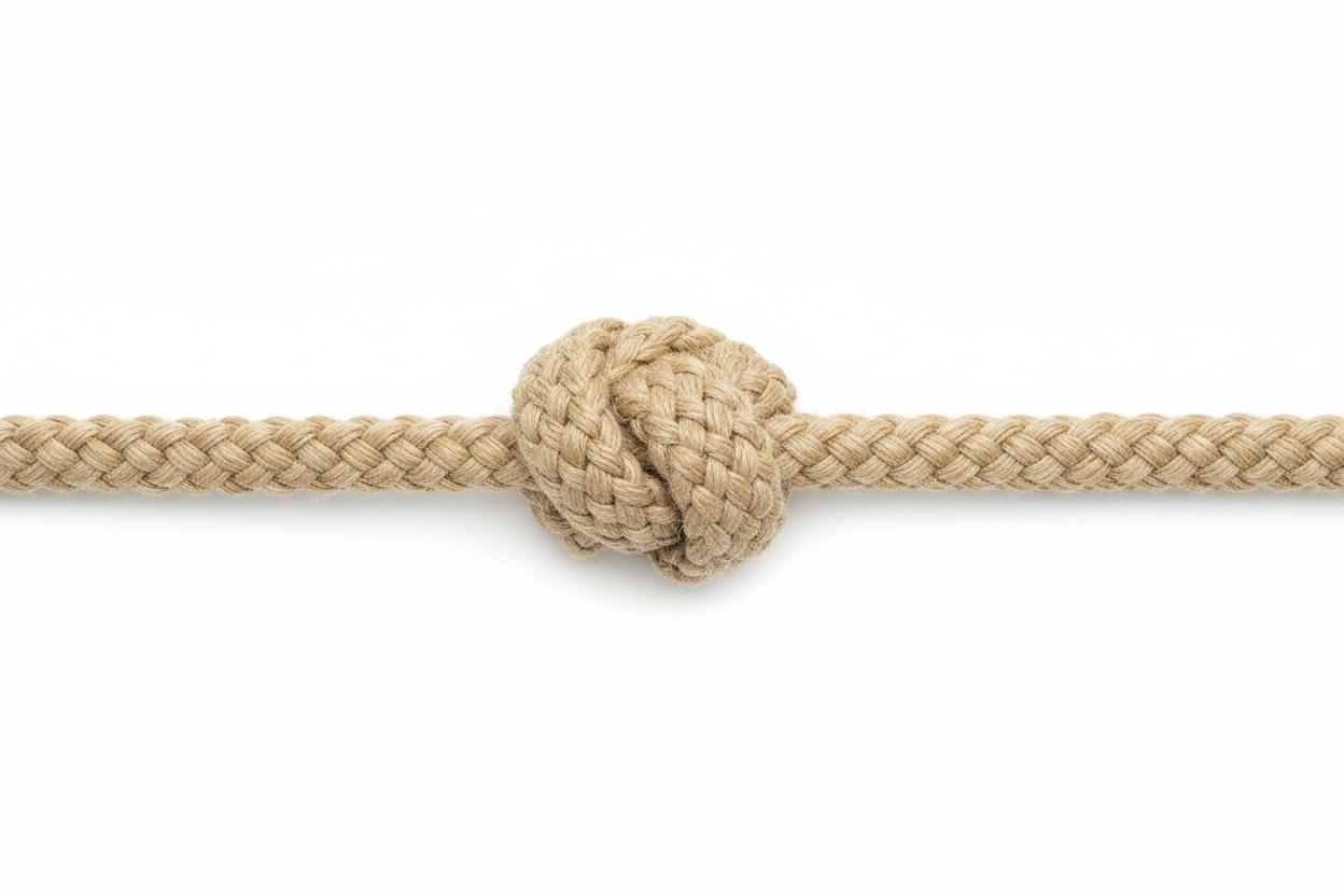 A woven cord with a single thickened knot interrupting the even weave.