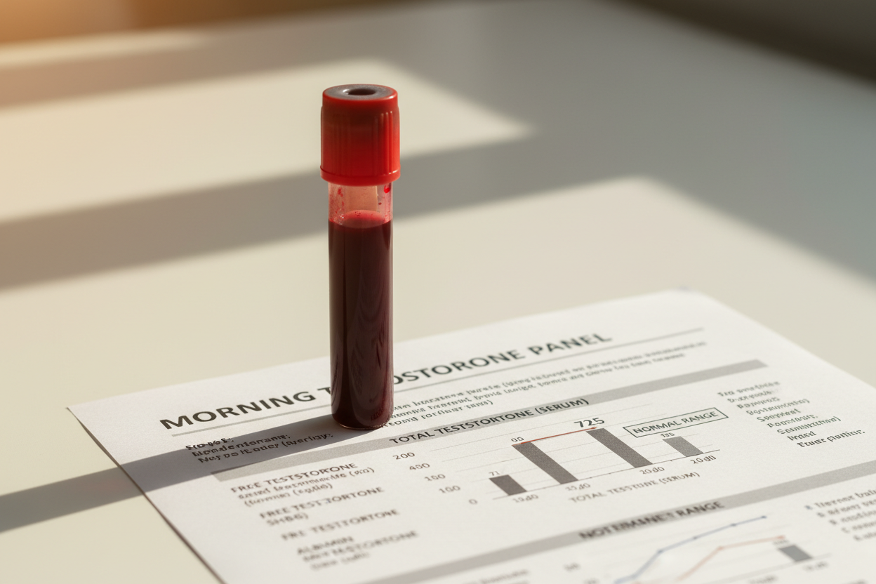A blood sample vial beside a laboratory report, representing morning testosterone testing.