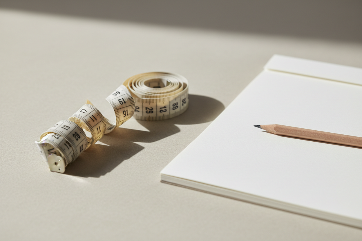 A flexible cloth tailor's measuring tape loosely coiled beside a notepad and pencil on a plain neutral surface.