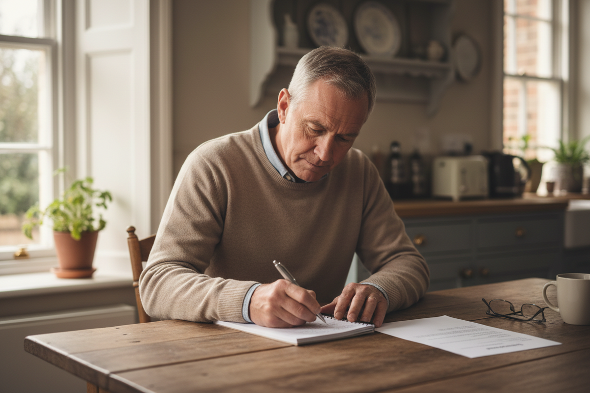 A man in his sixties writing a list in a notebook at a kitchen table.