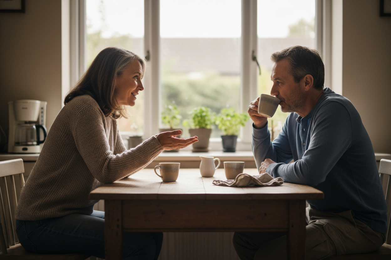 A woman and her partner sitting across a kitchen table in morning light, mid-conversation over mugs of coffee.