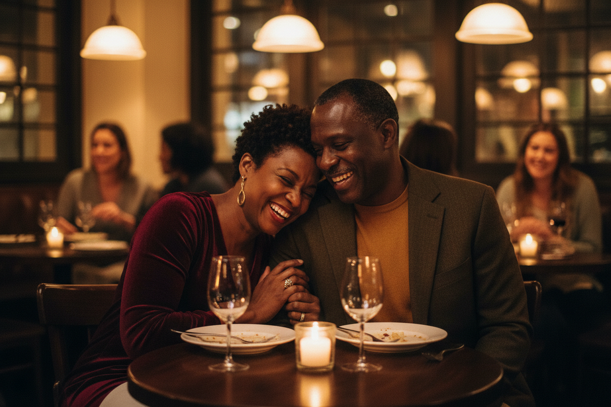 A couple in their fifties sharing a laugh at a restaurant table after dinner, with the plates cleared.