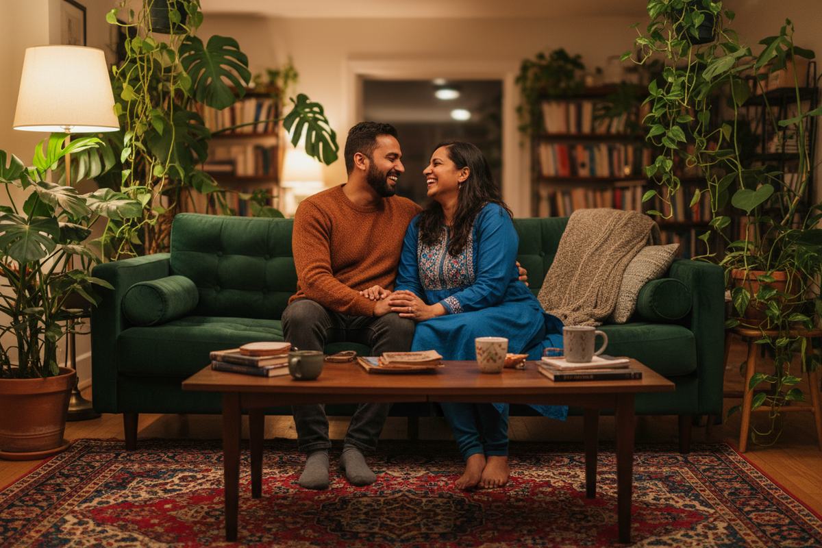 A couple in their thirties laughing together on a green sofa in a living room with house plants.