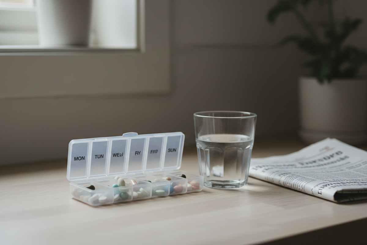 A weekly pill organiser open on a kitchen counter beside a glass of water.